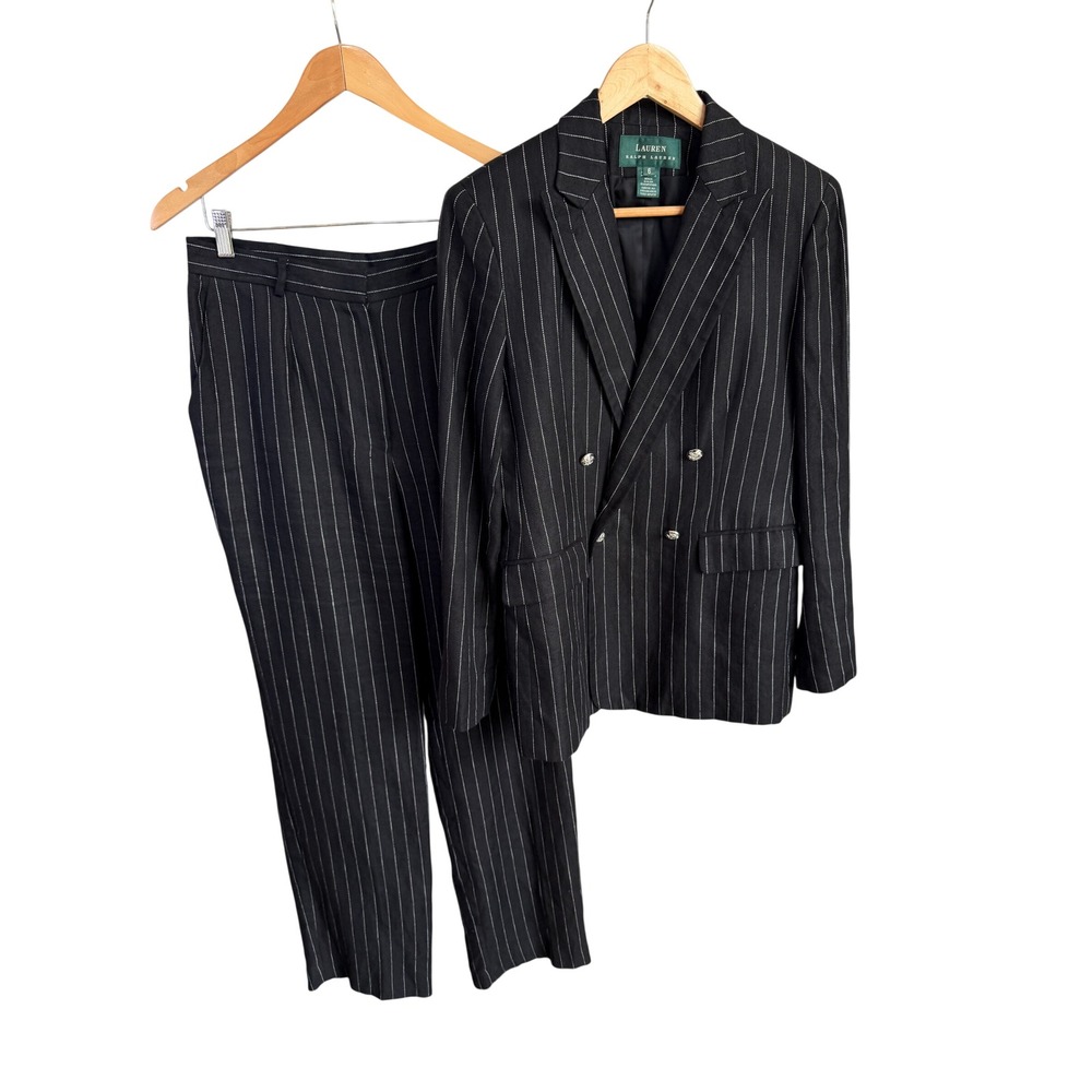 Lauren Ralph Lauren Pinstripe Pant Suit Set Black White Double Breasted Sz 6/10